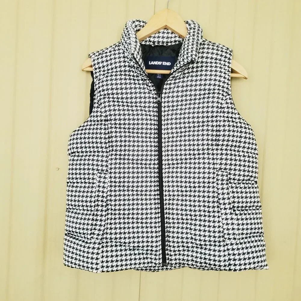 Girls Lands' End Women's Puffer Vest Houndstooth Size M/P 10-12
